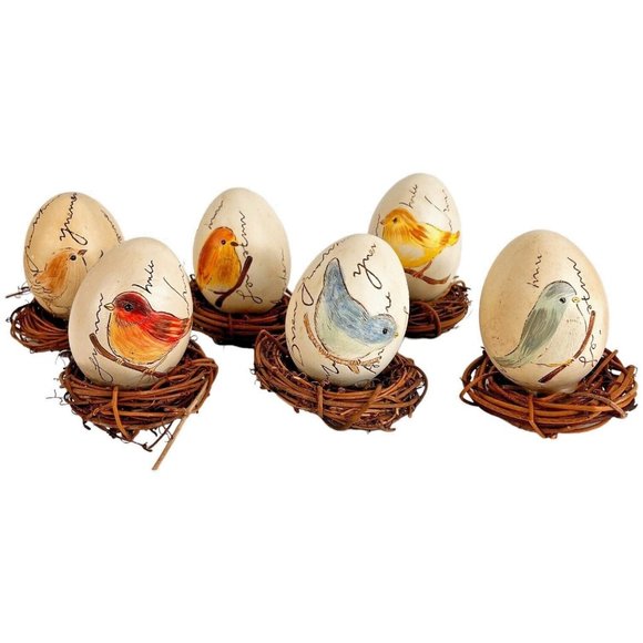 6 Vintage Hand Painted Birds On Ceramic Eggs In Nests Blue Yellow 3 1/4 Inch - Picture 1 of 12